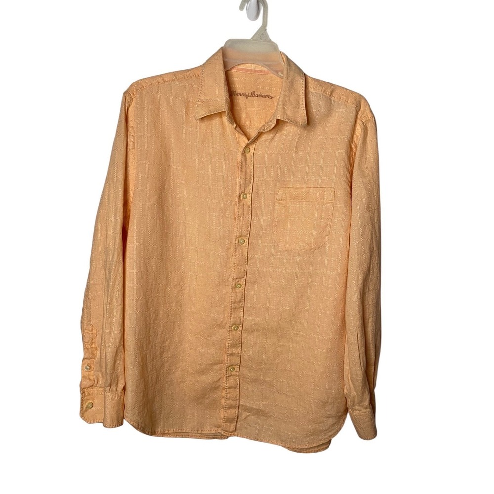 Tommy Bahama Mens Orange 100% Linen Long Sleeve Button up Shirt Large Hawaiian
